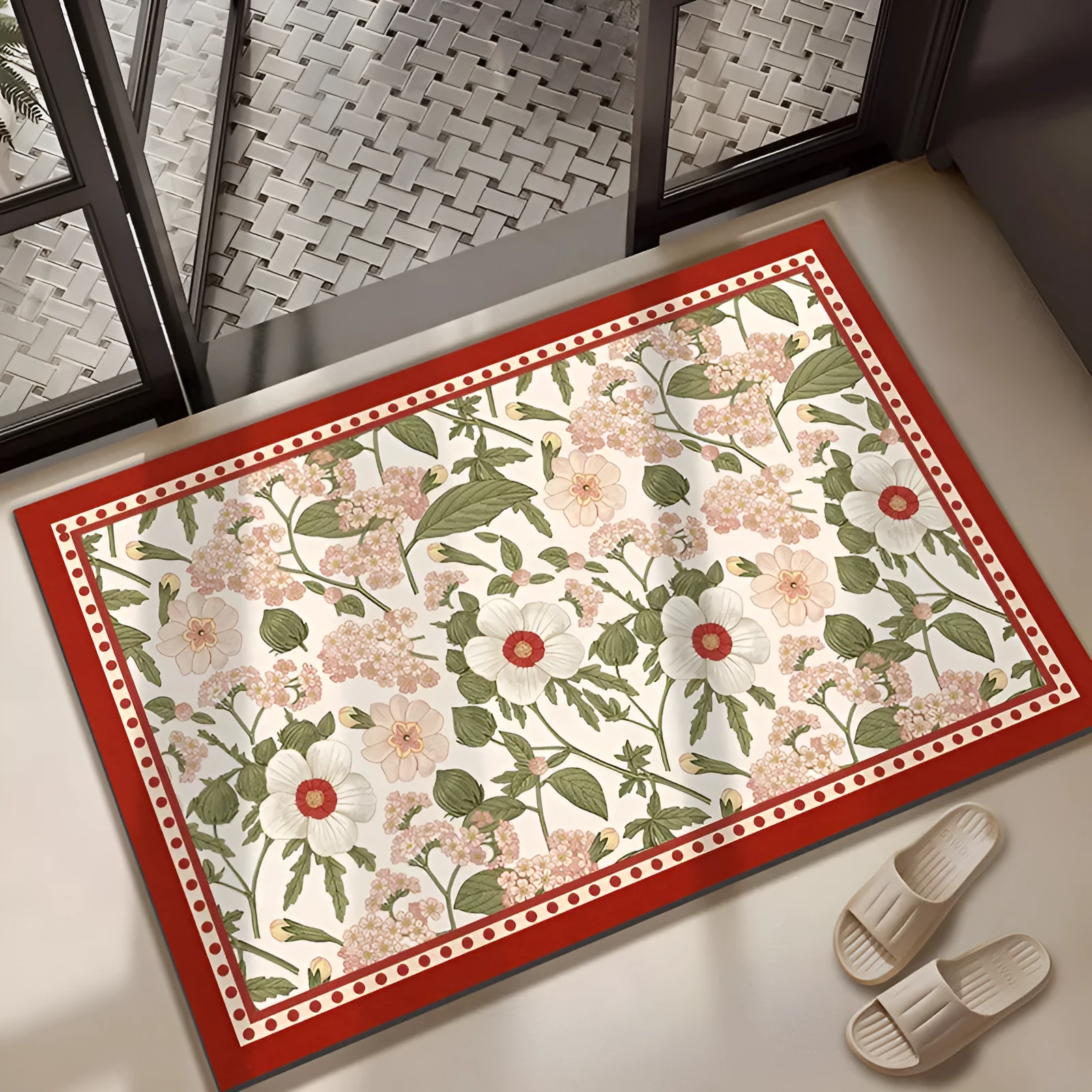 Diatomaceous earth absorbent bath mat 50x80cm in beige with anti-slip surface on bathroom floor