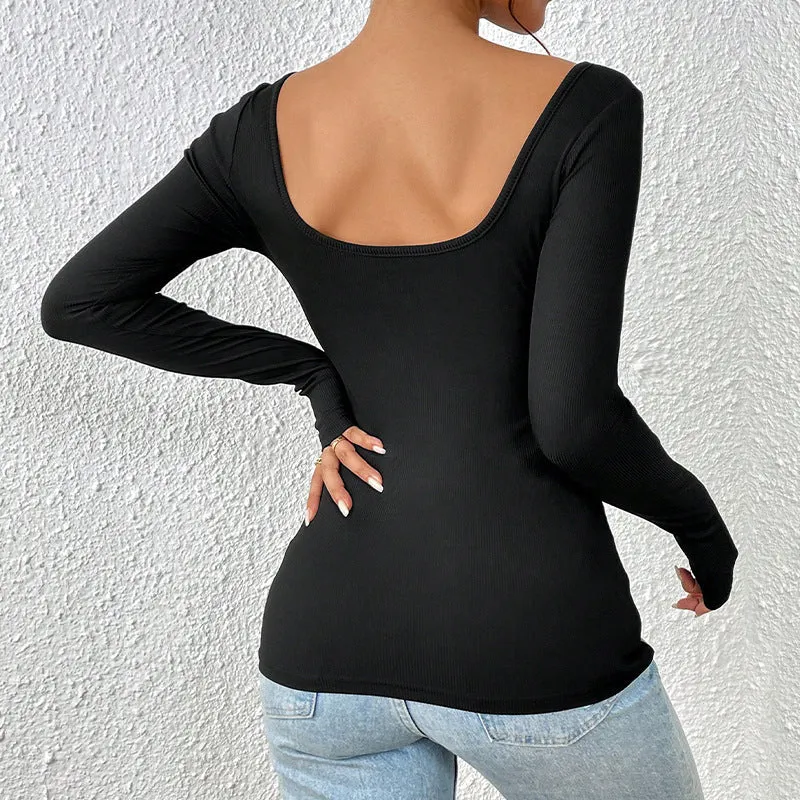 Black knitted slim-fit square neck backless long-sleeved top for women, front view on model