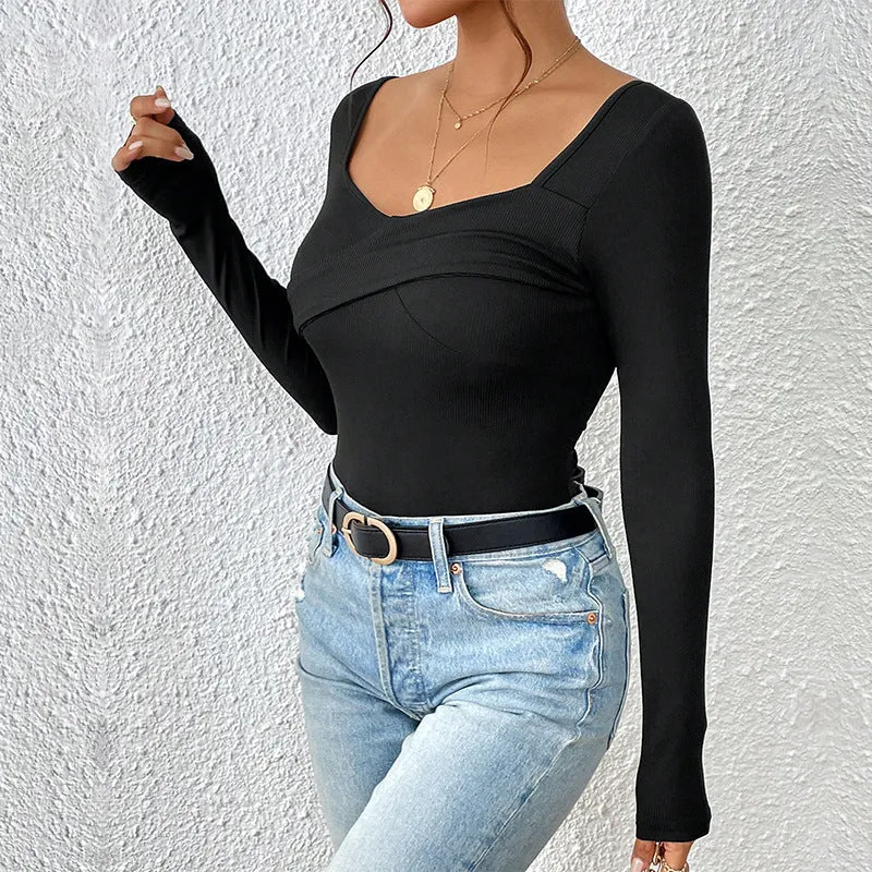 Black knitted slim-fit square neck backless long-sleeved top for women, front view on model