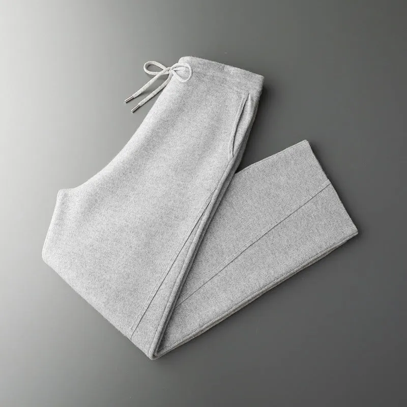 Men's casual two-piece set: seamless wool hoodie with drawstring and matching pants in black, dark gray, and light gray