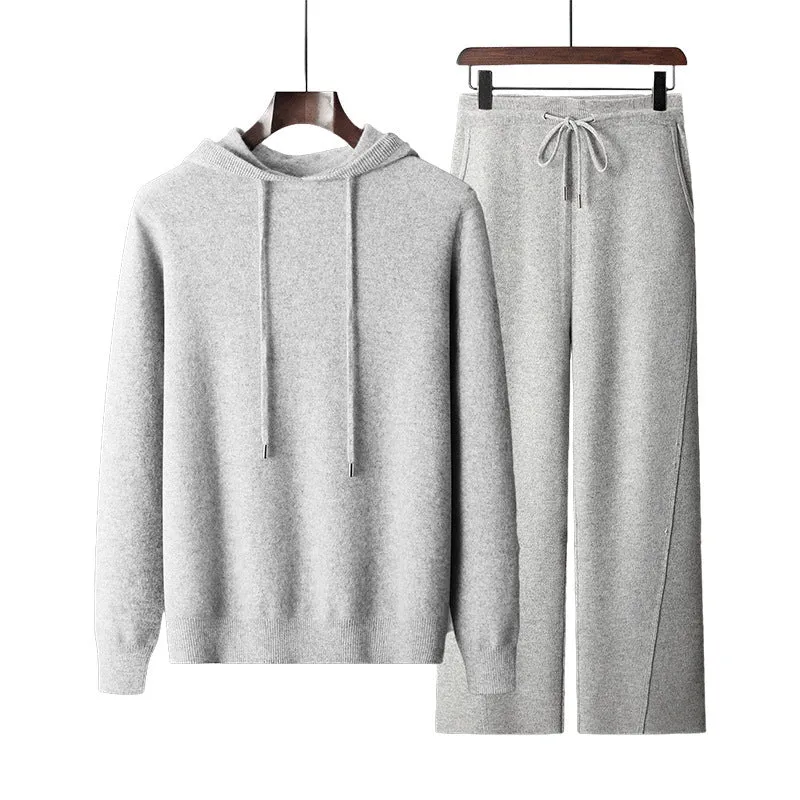 Men's casual two-piece set: seamless wool hoodie with drawstring and matching pants in black, dark gray, and light gray