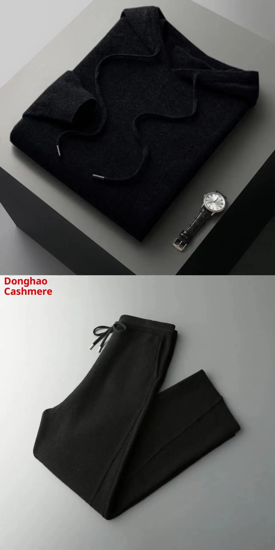 Men's casual two-piece set: seamless wool hoodie with drawstring and matching pants in black, dark gray, and light gray