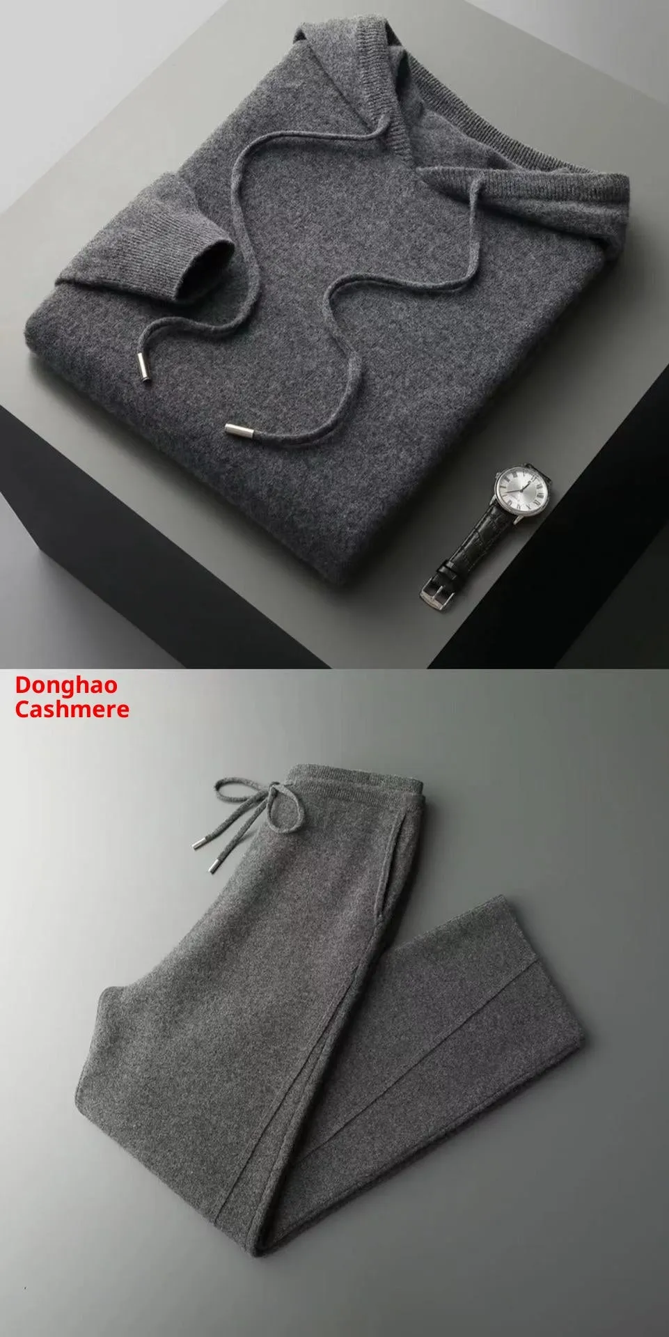 Men's casual two-piece set: seamless wool hoodie with drawstring and matching pants in black, dark gray, and light gray