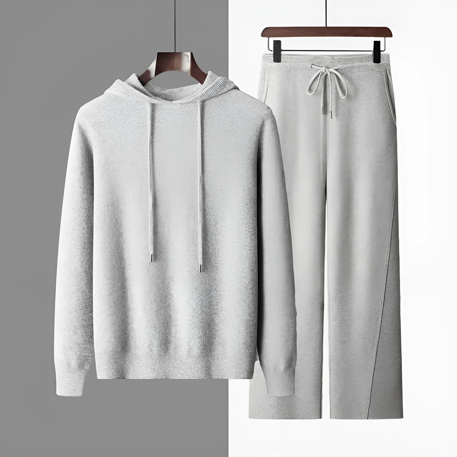 Men's casual two-piece set: seamless wool hoodie with drawstring and matching pants in black, dark gray, and light gray