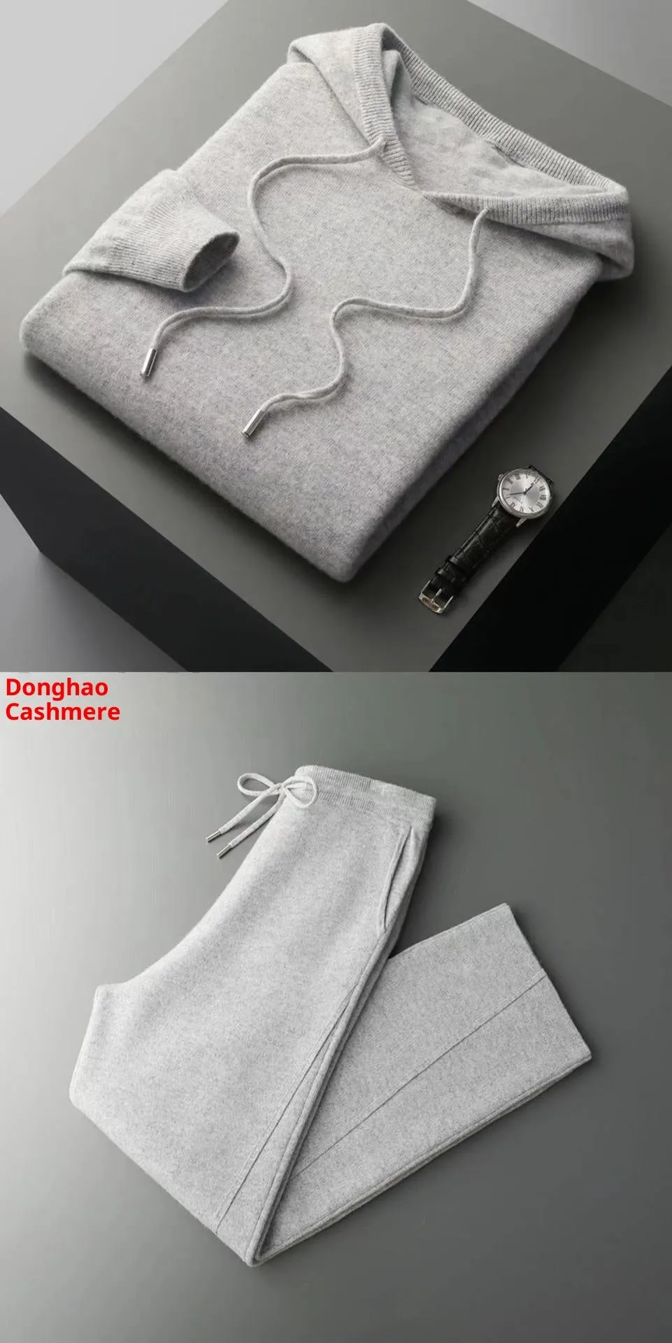 Men's casual two-piece set: seamless wool hoodie with drawstring and matching pants in black, dark gray, and light gray