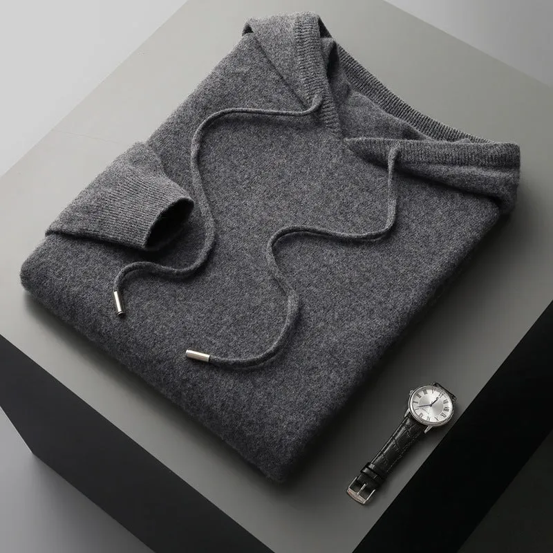 Men's casual two-piece set: seamless wool hoodie with drawstring and matching pants in black, dark gray, and light gray