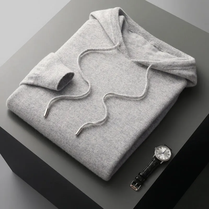Men's casual two-piece set: seamless wool hoodie with drawstring and matching pants in black, dark gray, and light gray