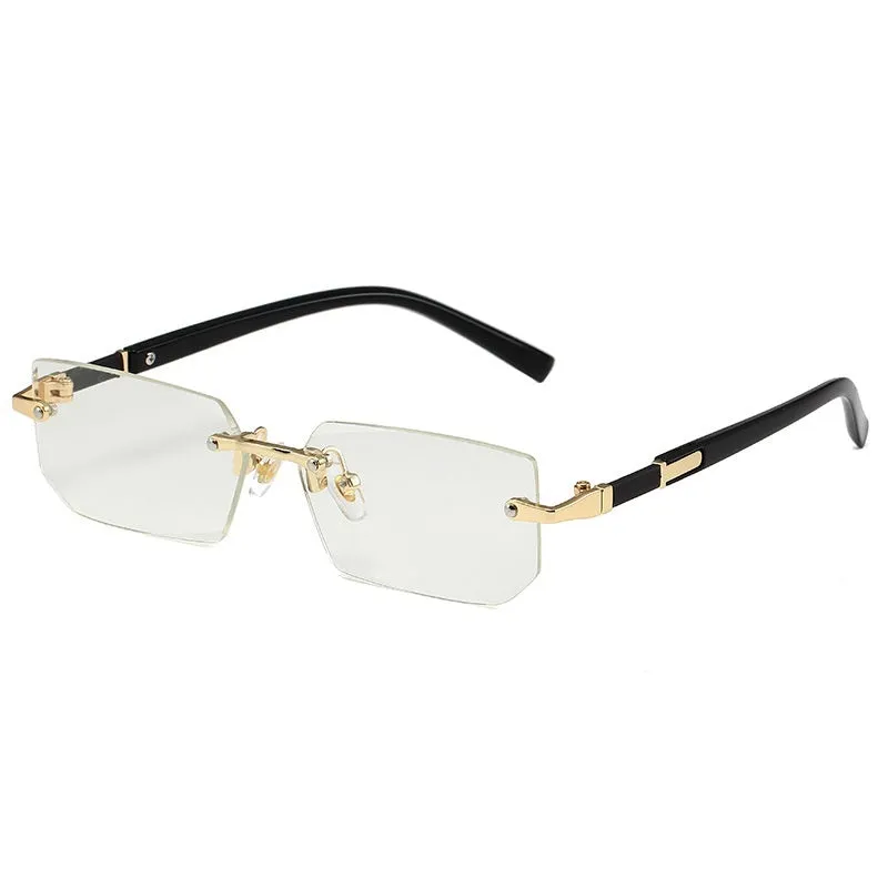 Women's rimless gold frame sun glasses with blue lenses, asymmetric style