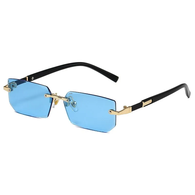 Women's rimless gold frame sun glasses with blue lenses, asymmetric style
