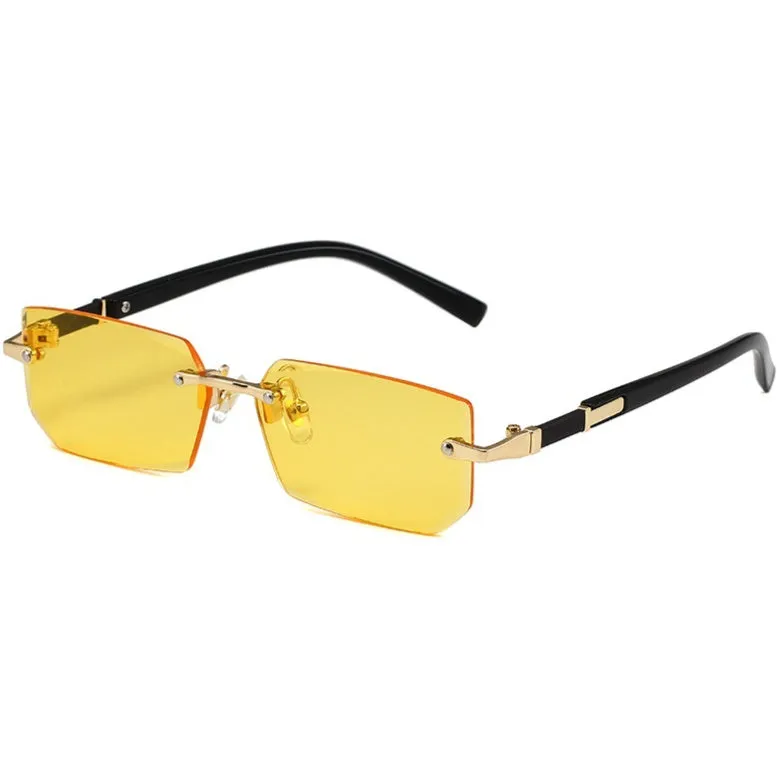 Women's rimless gold frame sun glasses with blue lenses, asymmetric style