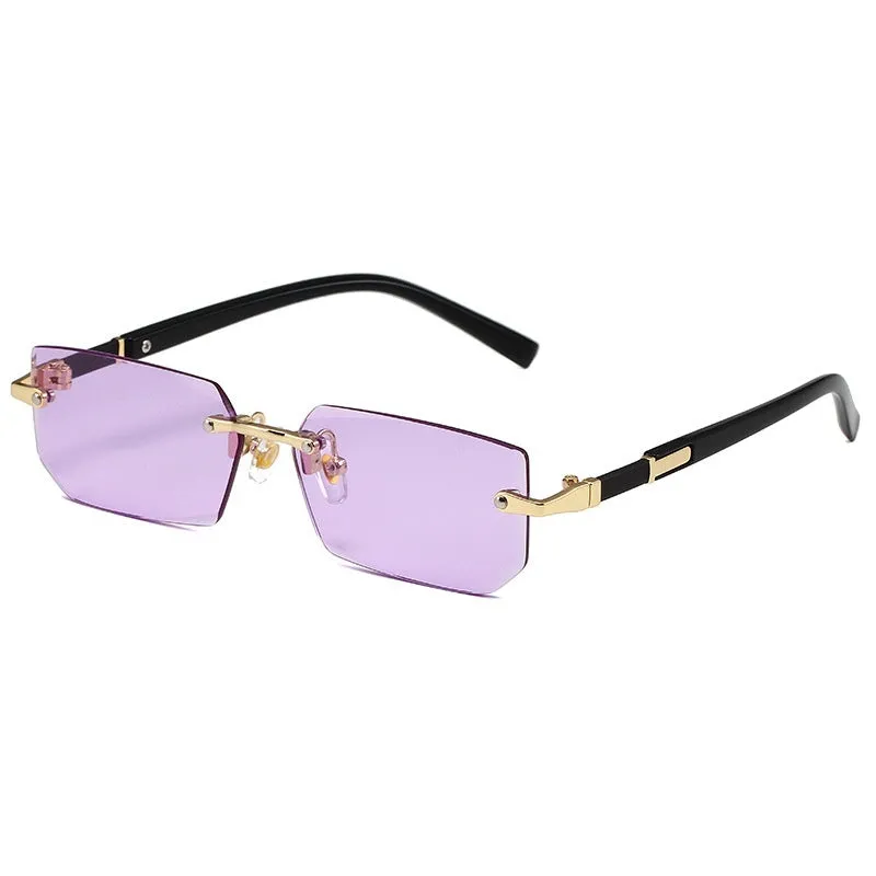 Women's rimless gold frame sun glasses with blue lenses, asymmetric style