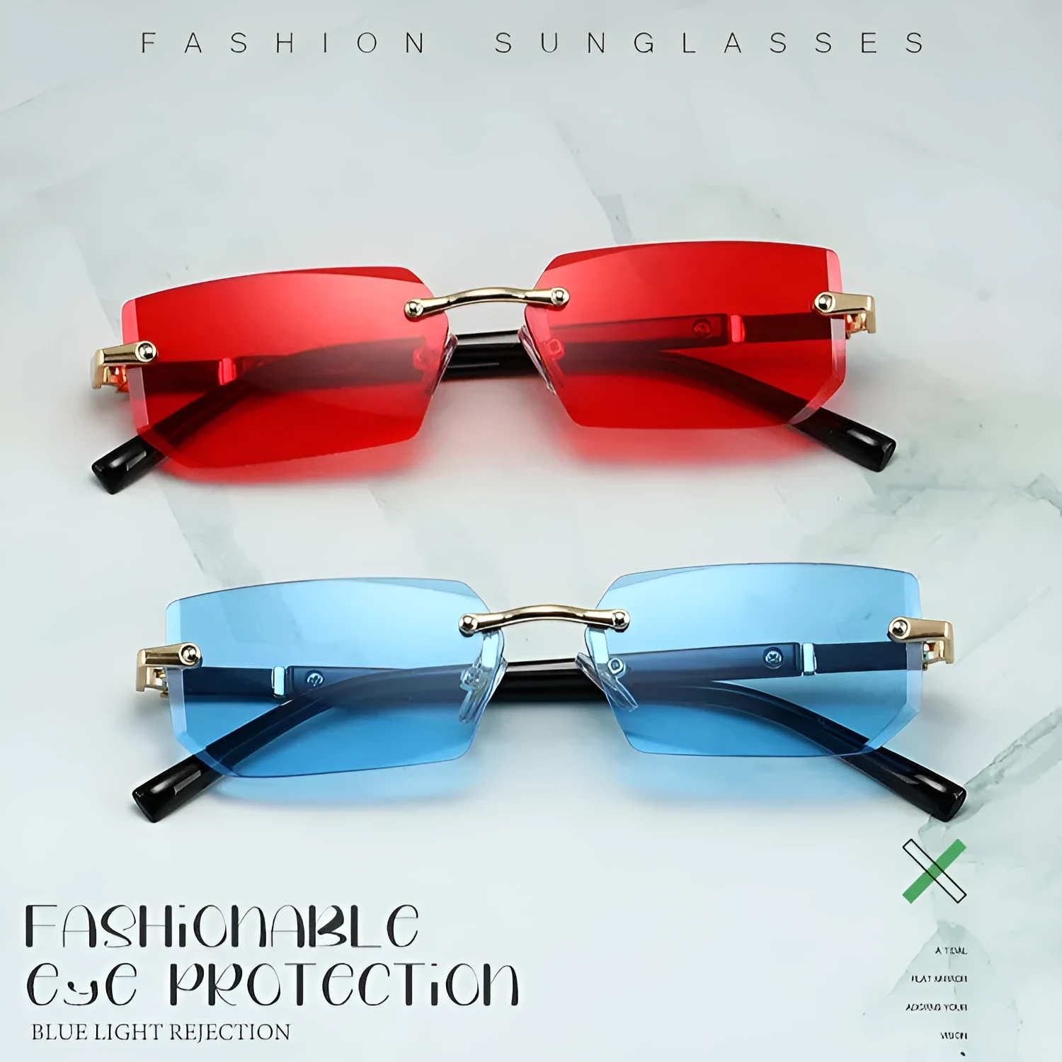 Women's rimless gold frame sun glasses with blue lenses, asymmetric style