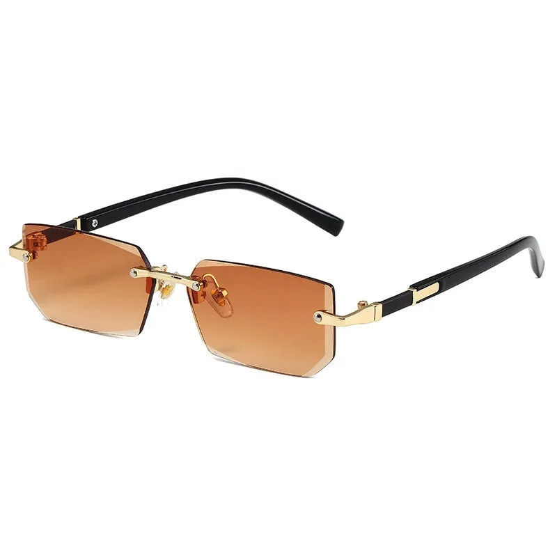 Women's rimless gold frame sun glasses with blue lenses, asymmetric style