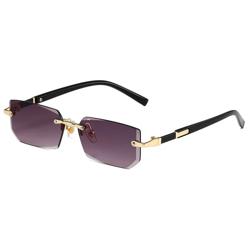 Women's rimless gold frame sun glasses with blue lenses, asymmetric style