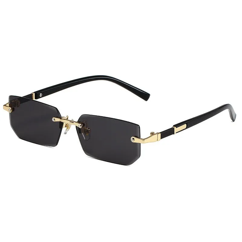 Women's rimless gold frame sun glasses with blue lenses, asymmetric style