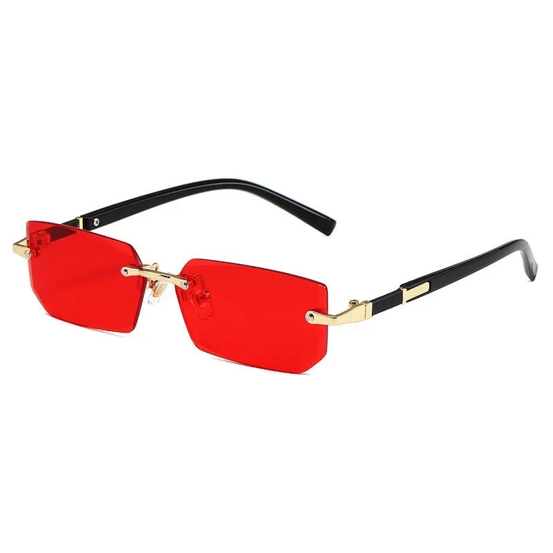 Women's rimless gold frame sun glasses with blue lenses, asymmetric style