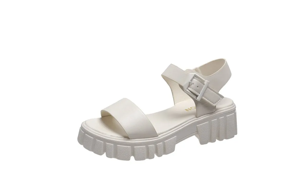 Women's beige peep toe platform sandals with an ankle-strap buckle on a white background