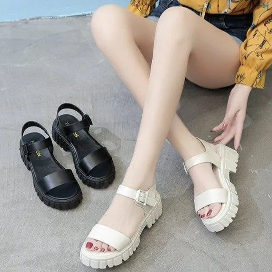 Women's beige peep toe platform sandals with an ankle-strap buckle on a white background
