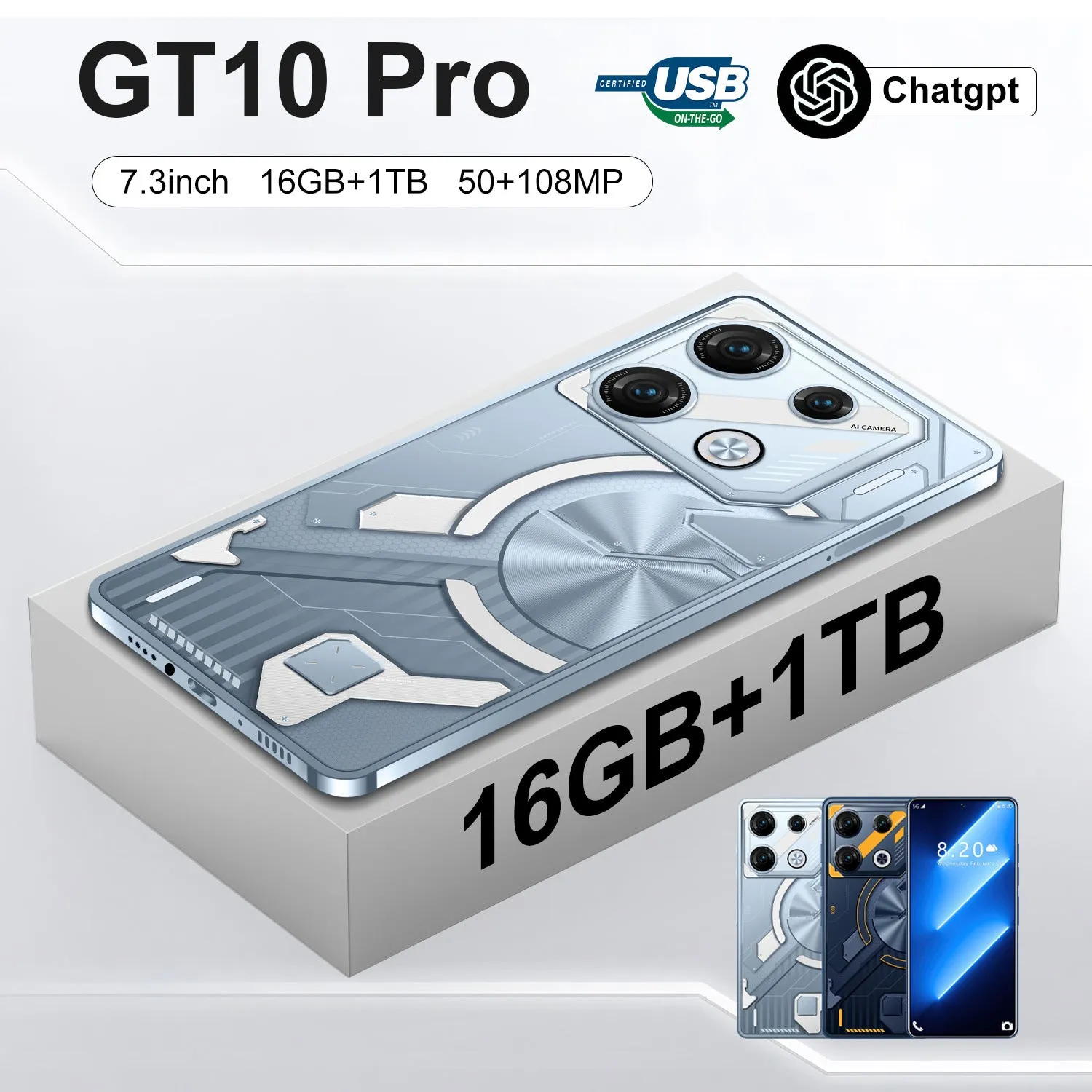 GT10 Pro Android smartphone in Blue or Silver colour with straight plate design