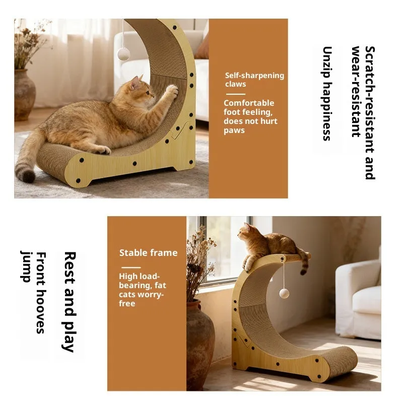 Multi-functional corrugated paper cat scratching board nest climbing frame in arc shape with replacement core, pastoral style, independently packaged.