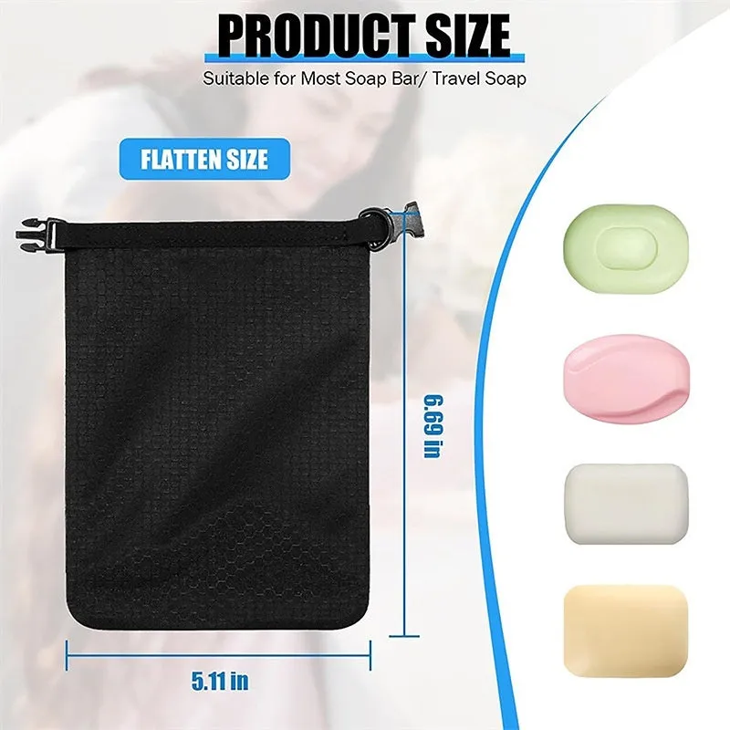White plastic mesh soap bag with bubble net design, measuring 17 by 13 centimetres.