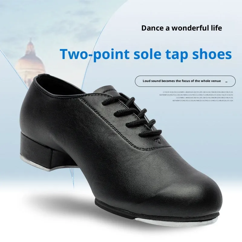 Adult tap dance shoes with leather upper in black, men's style, on a clean background