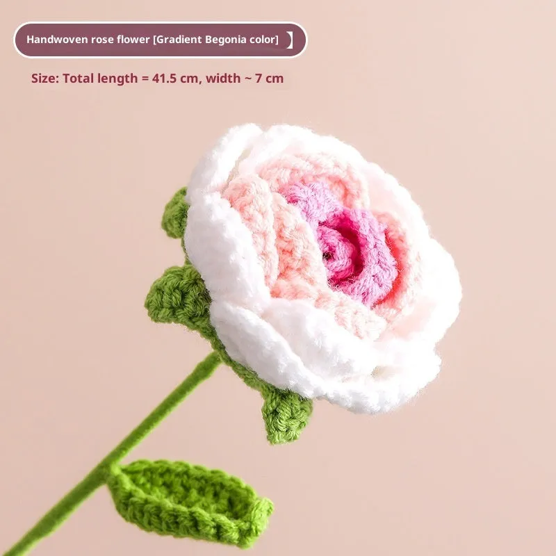 Hand-woven yarn artificial rose bouquet in gradient pink colour for wedding decoration