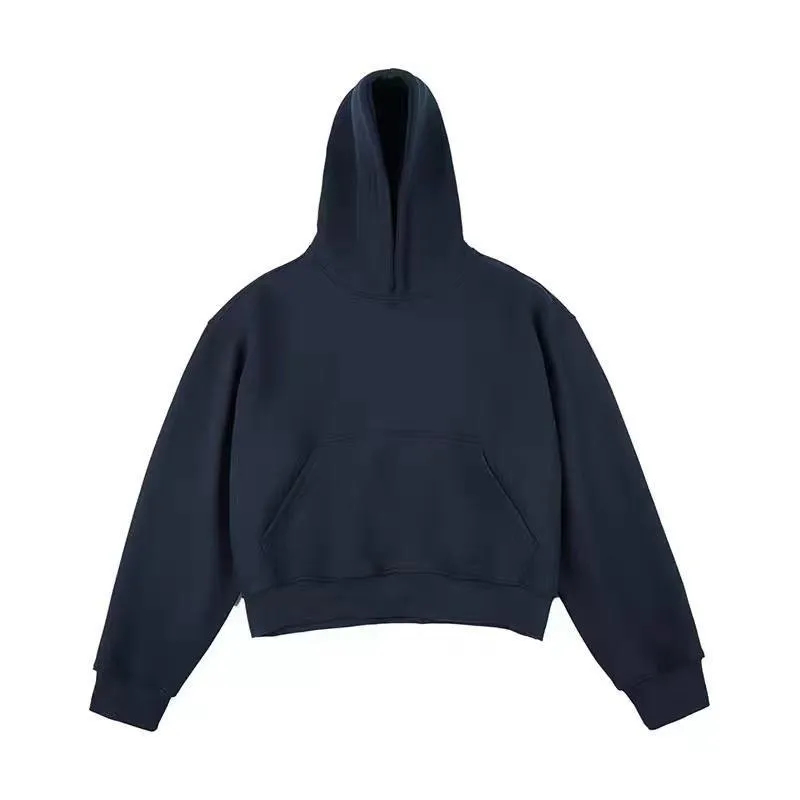 Man wearing a dark grey Chinese cotton composite hooded sweater with a removable hood and long sleeves.