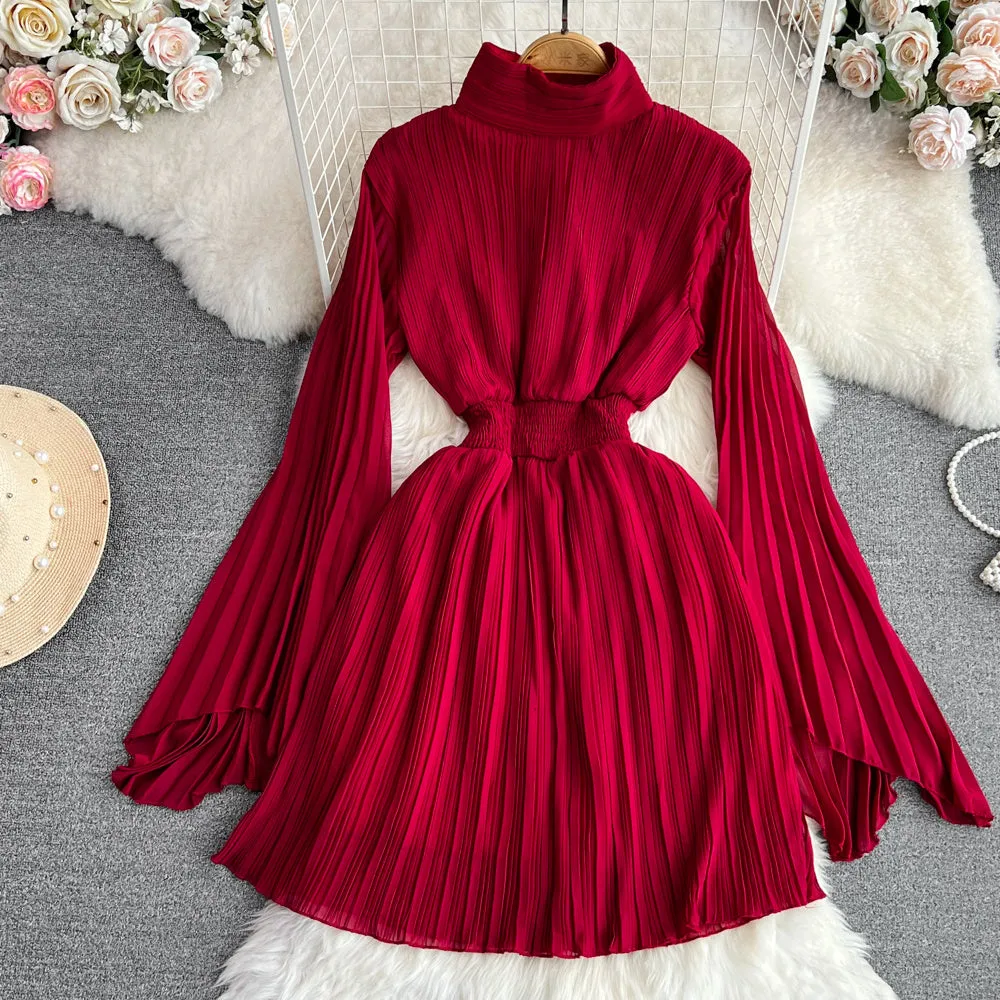 Horn long sleeves stand collar waist A-line chiffon dress in midi length, available in multiple colours
