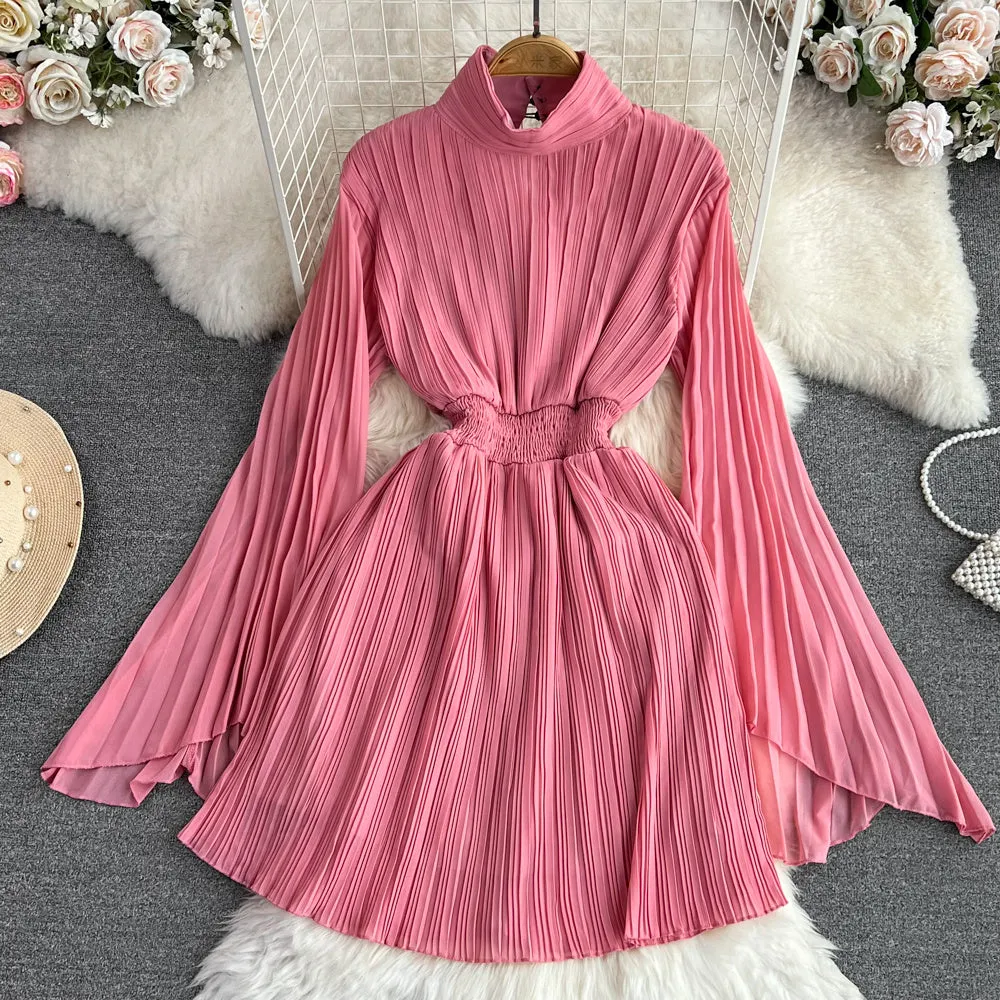 Horn long sleeves stand collar waist A-line chiffon dress in midi length, available in multiple colours