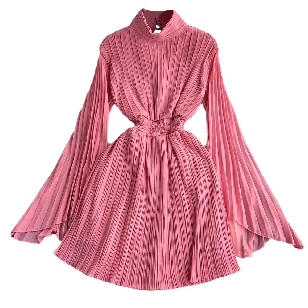 Horn long sleeves stand collar waist A-line chiffon dress in midi length, available in multiple colours