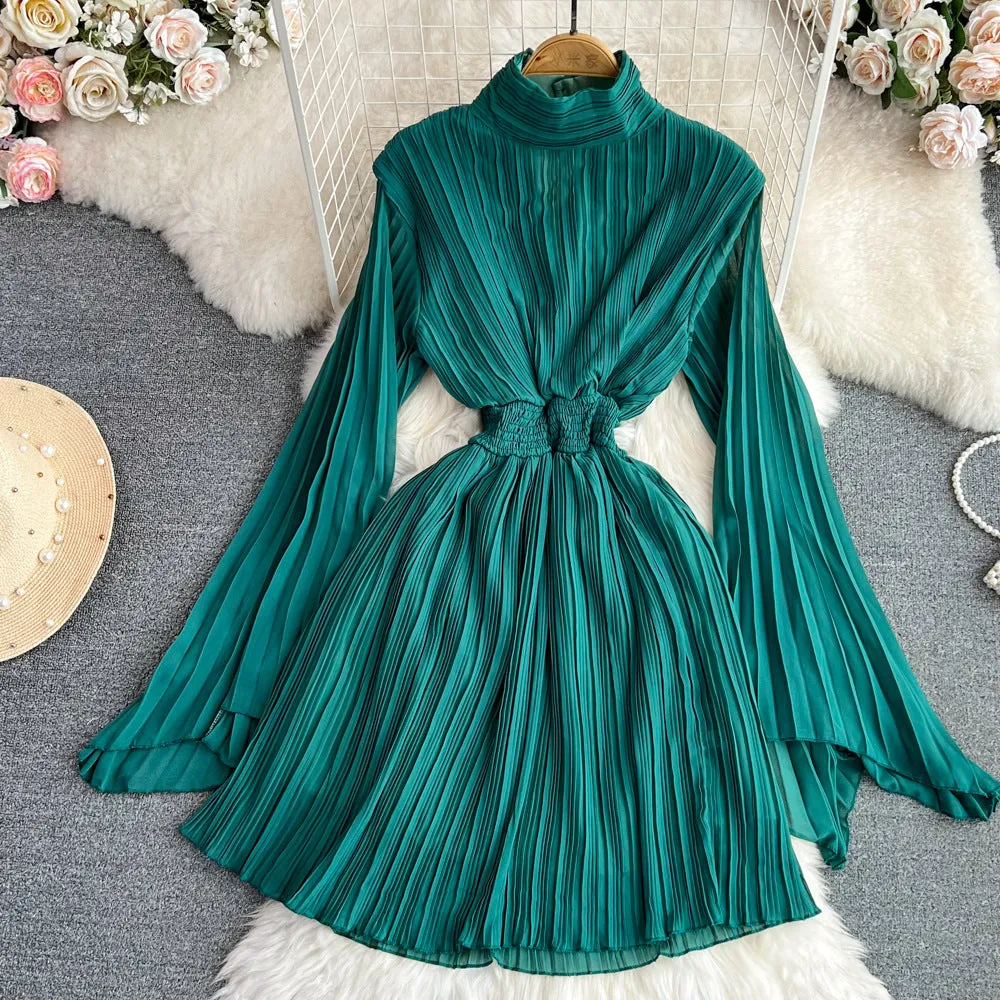 Horn long sleeves stand collar waist A-line chiffon dress in midi length, available in multiple colours