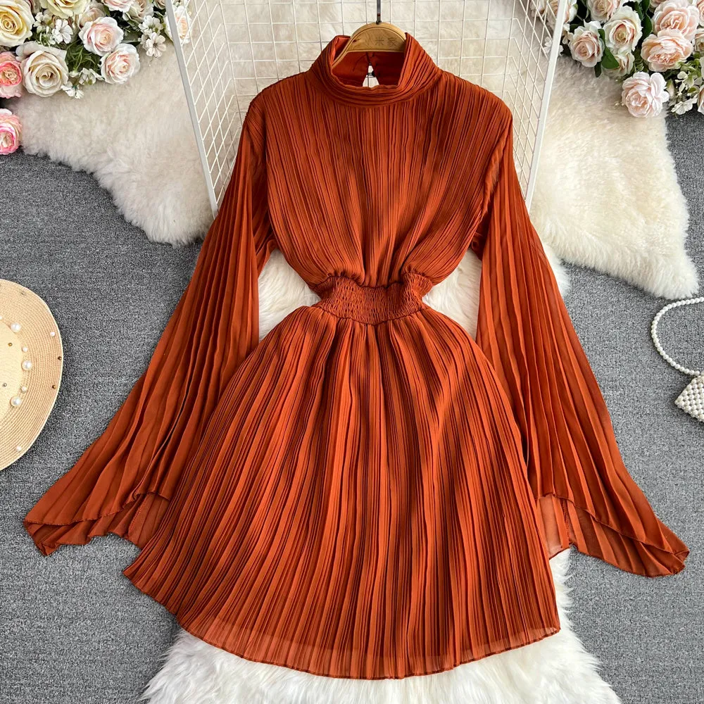 Horn long sleeves stand collar waist A-line chiffon dress in midi length, available in multiple colours