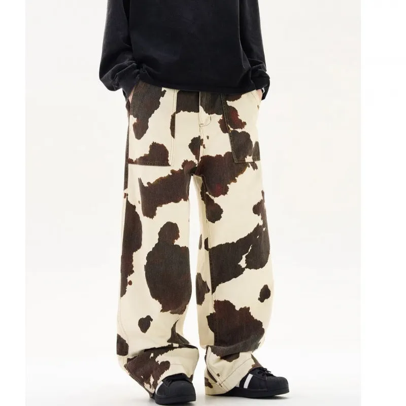 Men's American retro style trousers with cow pattern print in straight-leg cut and mid waist