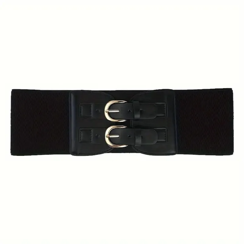 Women's wide black synthetic leather elastic waistband with single loop, adjustable 60-80 cm, on a white background