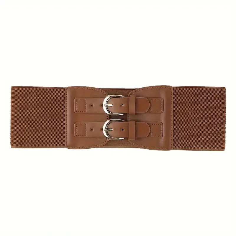 Women's wide black synthetic leather elastic waistband with single loop, adjustable 60-80 cm, on a white background