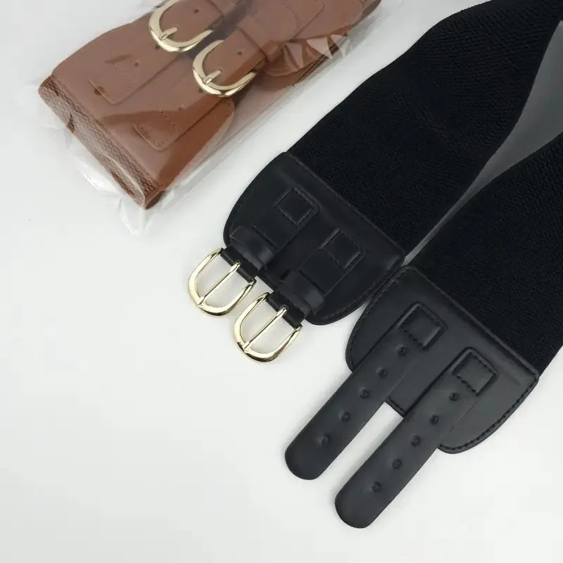 Women's wide black synthetic leather elastic waistband with single loop, adjustable 60-80 cm, on a white background