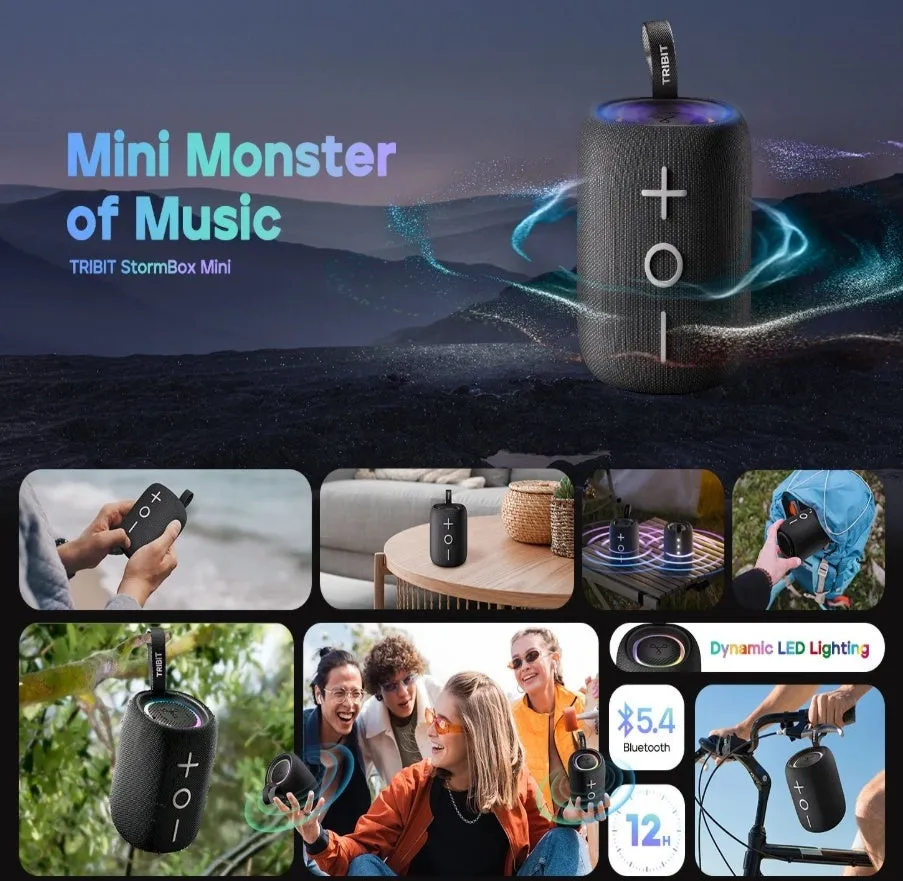 StormBox Mini Bluetooth Speaker in black with IPX7 waterproof rating and compact portable design