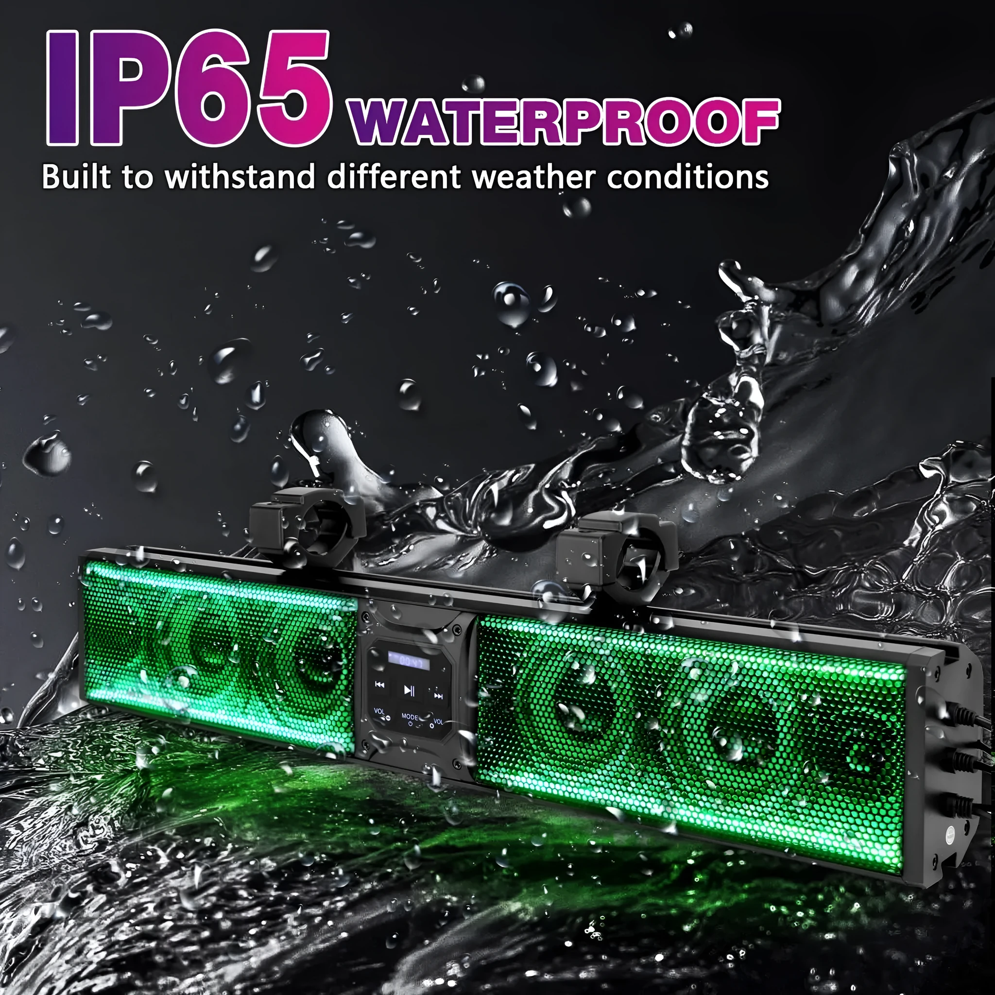 Personalized Beach Car Strip Bluetooth Audio System for golf carts and ATV vehicles showing speaker grilles and connectivity ports