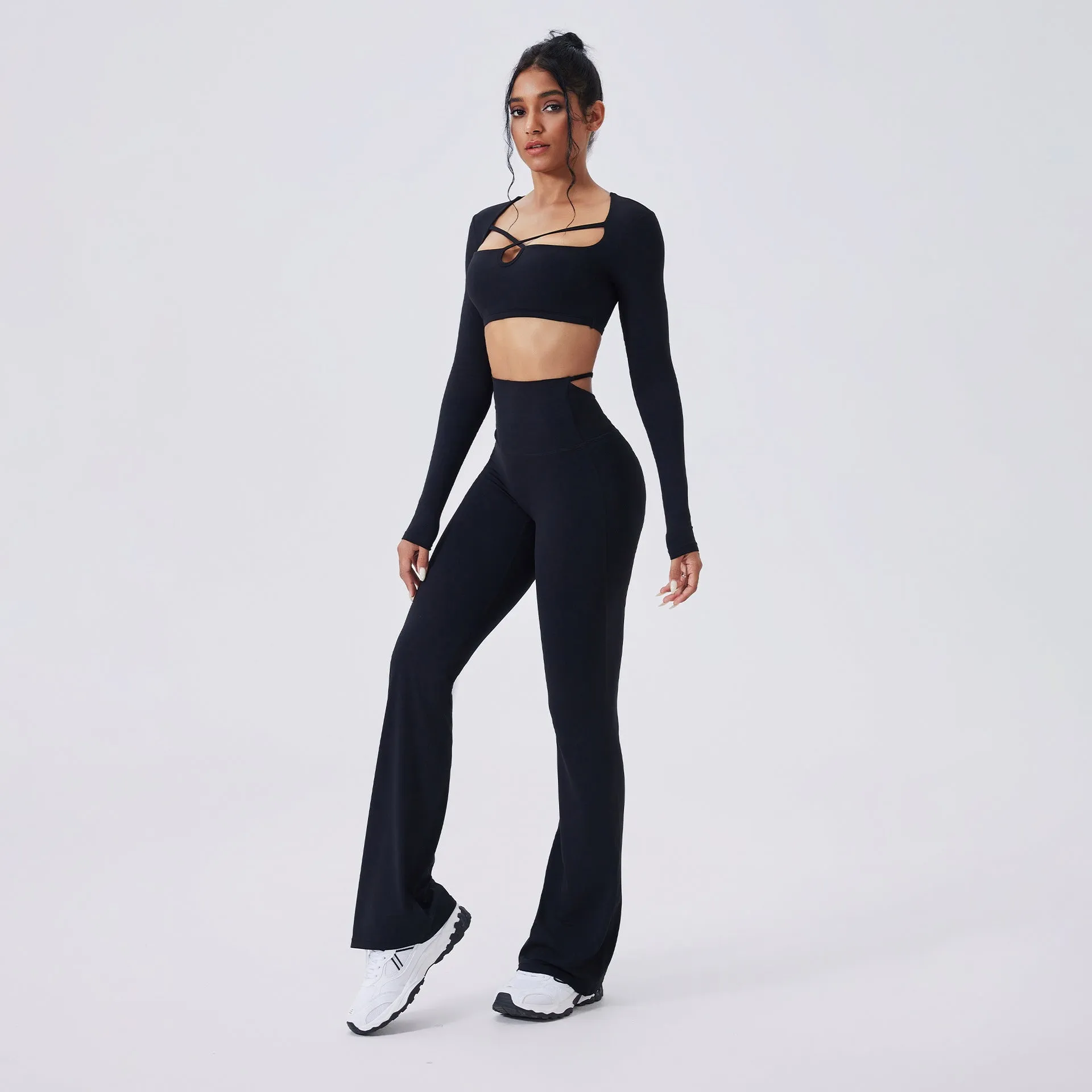 Color-blocking yoga set with hollow-out top and high-waist flared pants in Egret White, black, light banana, espresso, navy peony