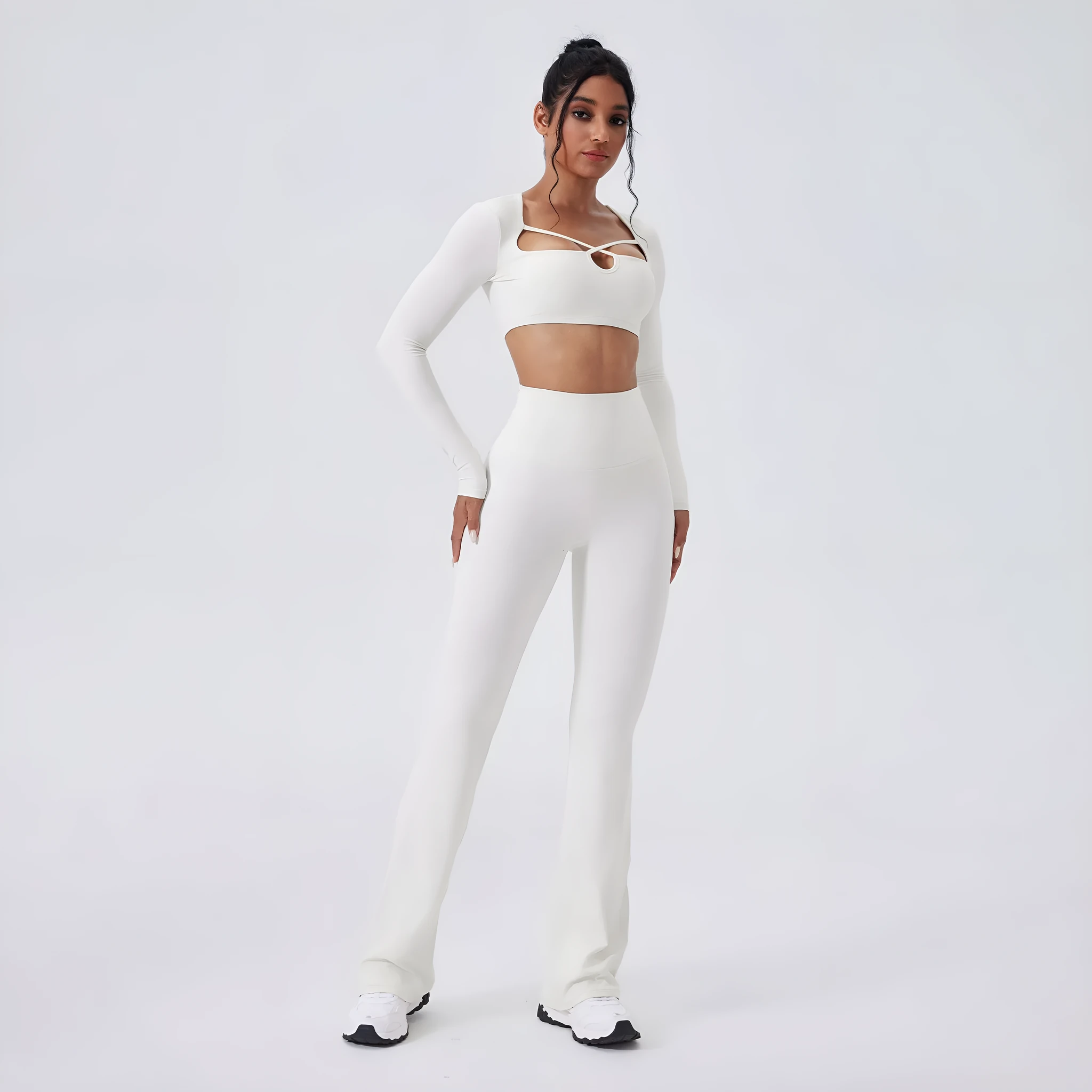 Color-blocking yoga set with hollow-out top and high-waist flared pants in Egret White, black, light banana, espresso, navy peony