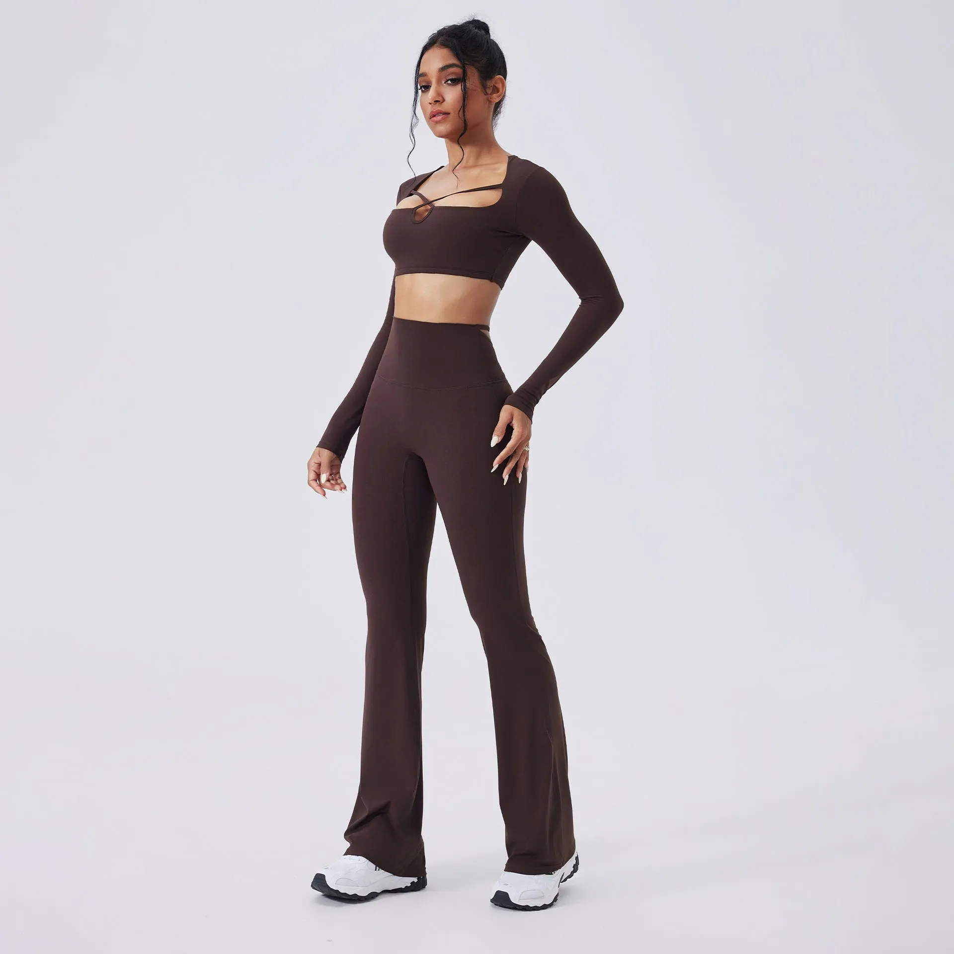 Color-blocking yoga set with hollow-out top and high-waist flared pants in Egret White, black, light banana, espresso, navy peony