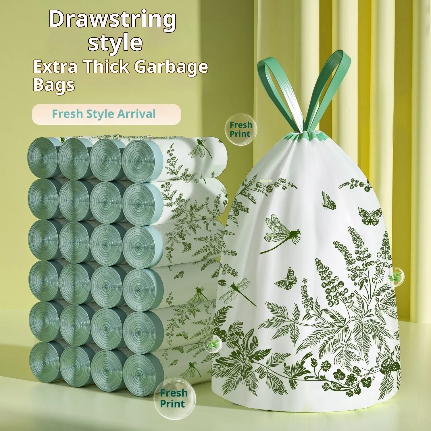 Roll of mugwort print no-tear drawstring garbage bags in extra large size for home use