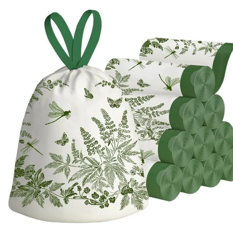 Roll of mugwort print no-tear drawstring garbage bags in extra large size for home use