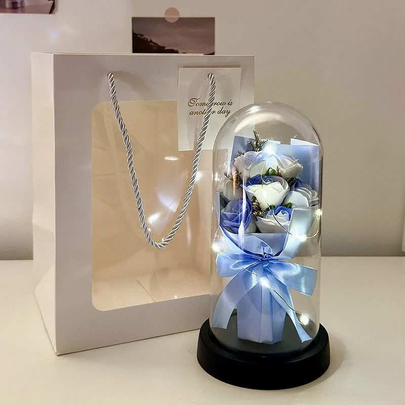 Bionic bouquet artificial flower arrangement in a reusable tote bag, showing gradient blue colour option.