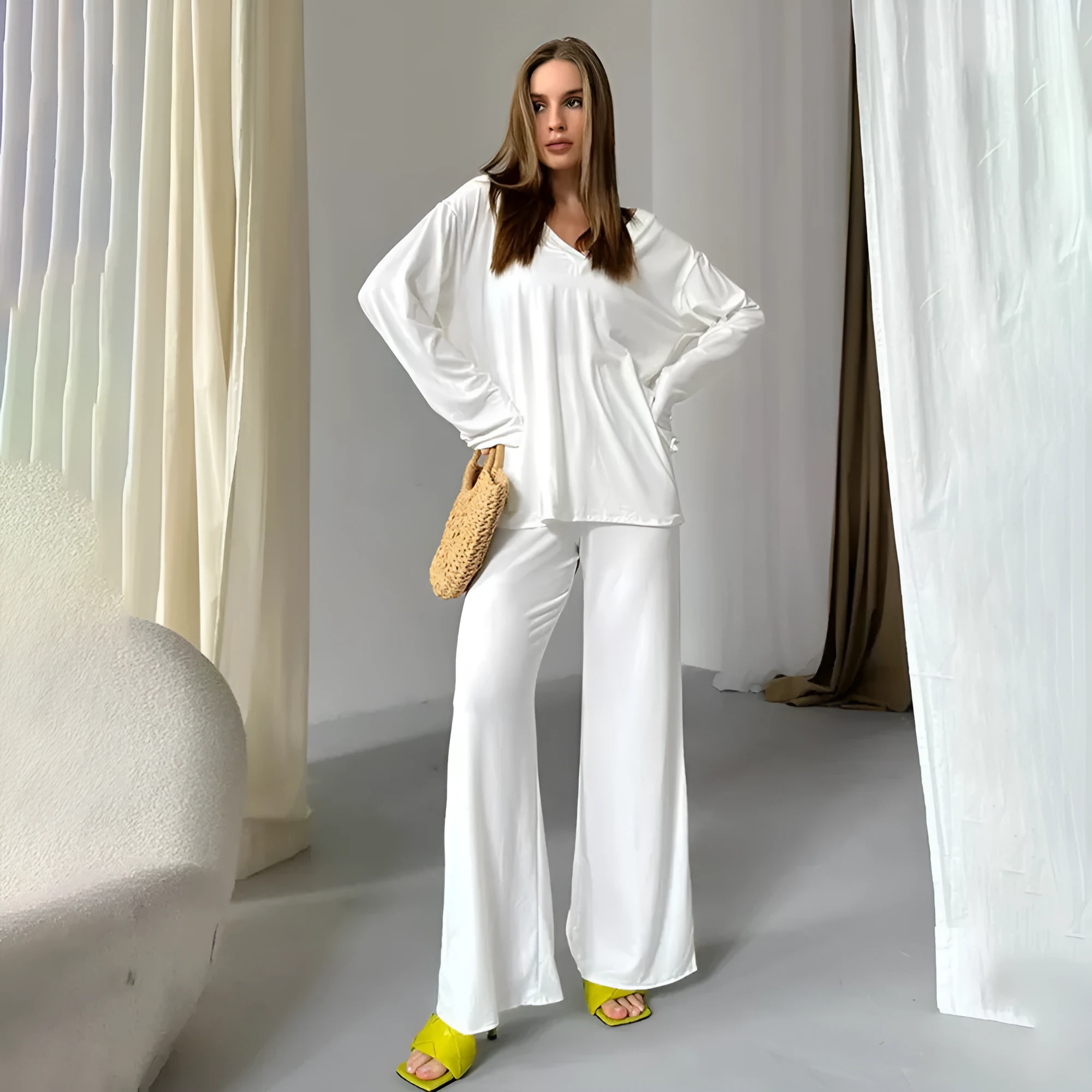 Long sleeve pajama set for women in viscose blend, white colour, top and pants on display