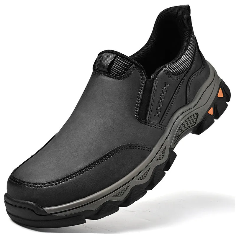 Men's dark brown casual leather shoes with round toe and flat rubber sole.