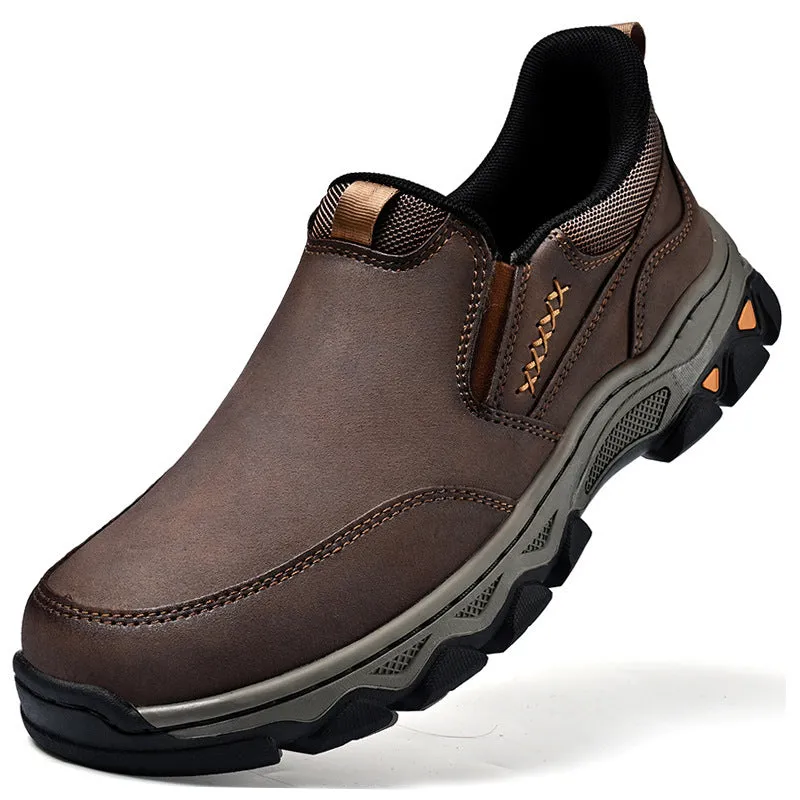 Men's dark brown casual leather shoes with round toe and flat rubber sole.