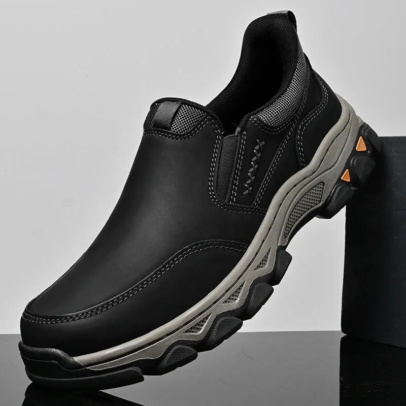 Men's dark brown casual leather shoes with round toe and flat rubber sole.