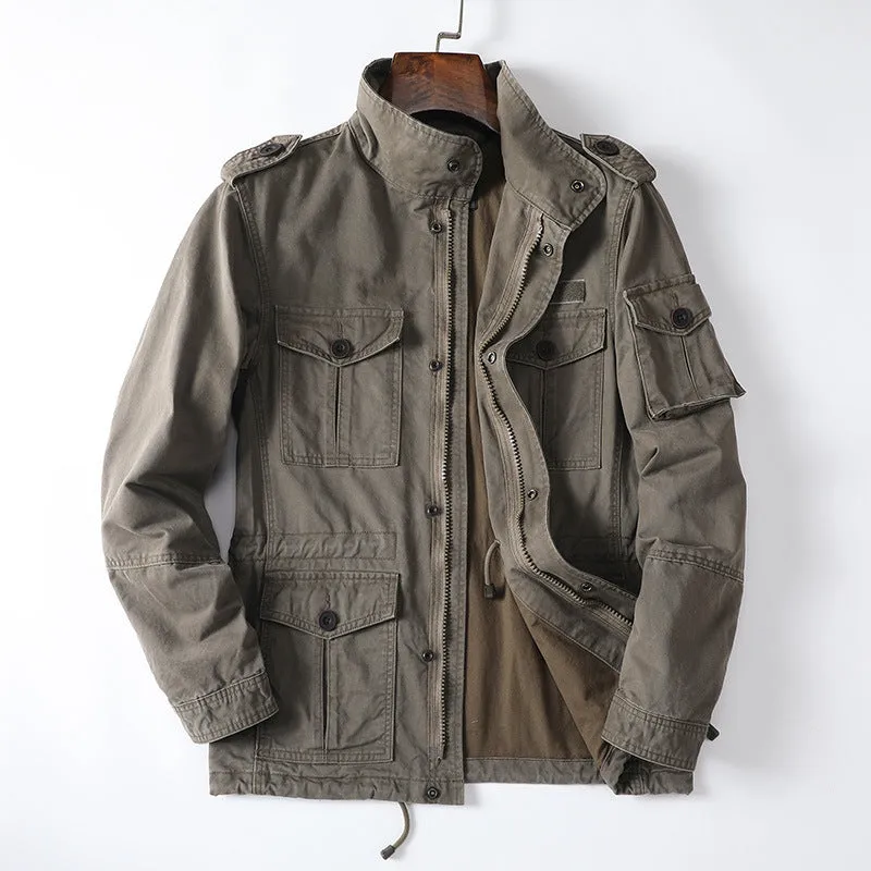 Men's loose-fit casual cotton jacket in light brown with zip front, shown on a model.